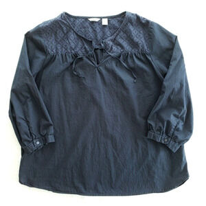 LL Bean Blouse Womens M Navy Blue Tunic Tie Neck Relaxed Smocked Boho Peasant